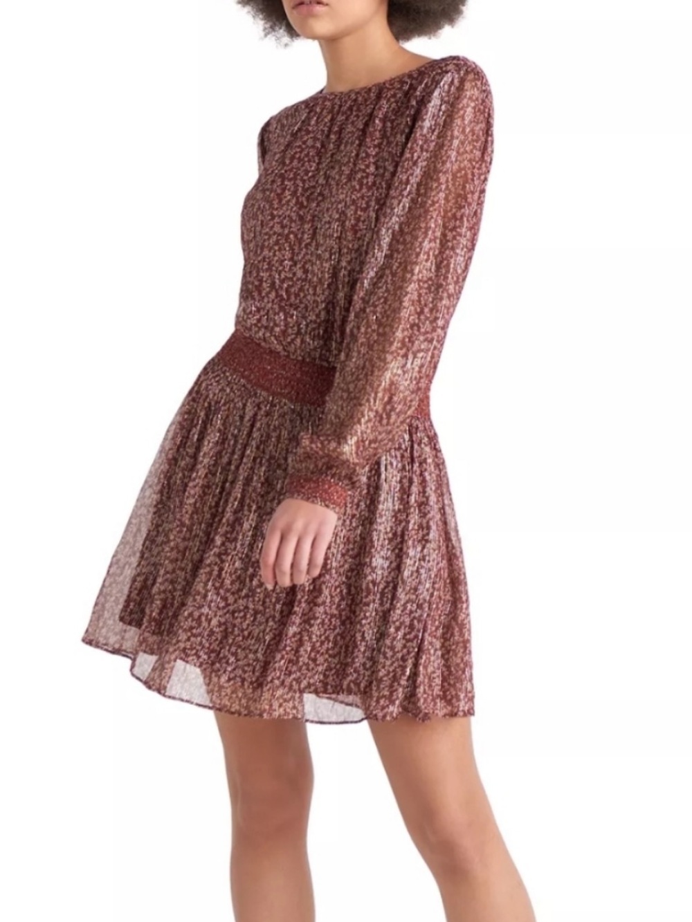 Sheer Long-Sleeve Floral Mini Dress in Burgundy/Gold
